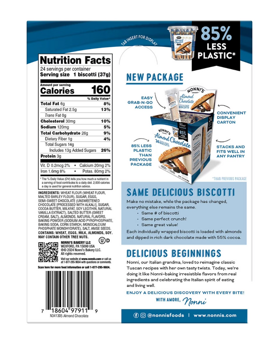 Nonni’s Almond Chocolate Biscotti 24ct – Individually Wrapped Biscotti with Roasted Almonds
