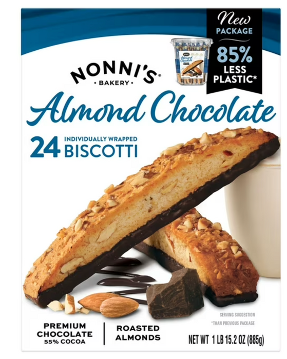 Nonni’s Almond Chocolate Biscotti 24ct – Individually Wrapped Biscotti with Roasted Almonds