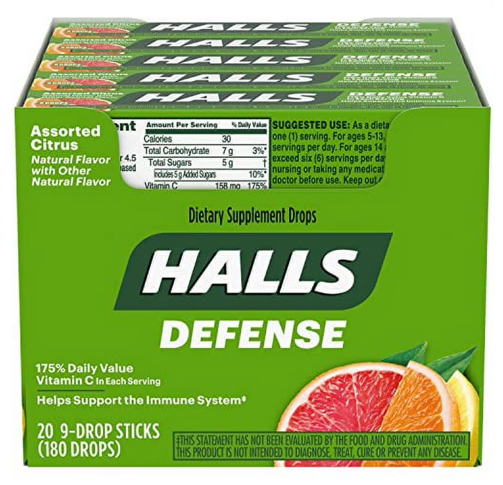 Halls Defense Assorted Citrus Vitamin C cough drops, 9-count, 20-pack