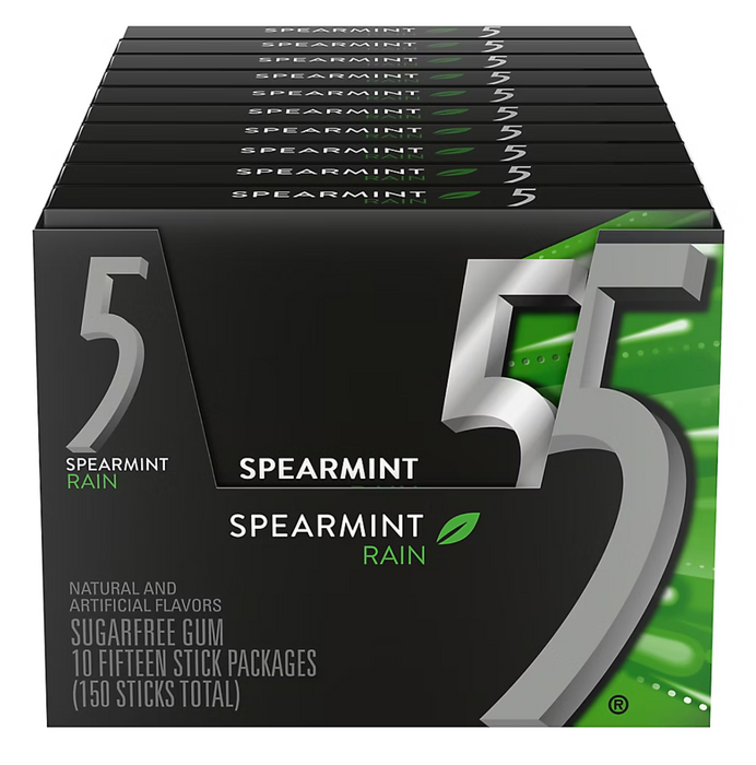 Wrigley’s 5 Gum 150ct Spearmint Rain Sugarfree Chewing Gum – 10 Packs (15 Sticks Each)