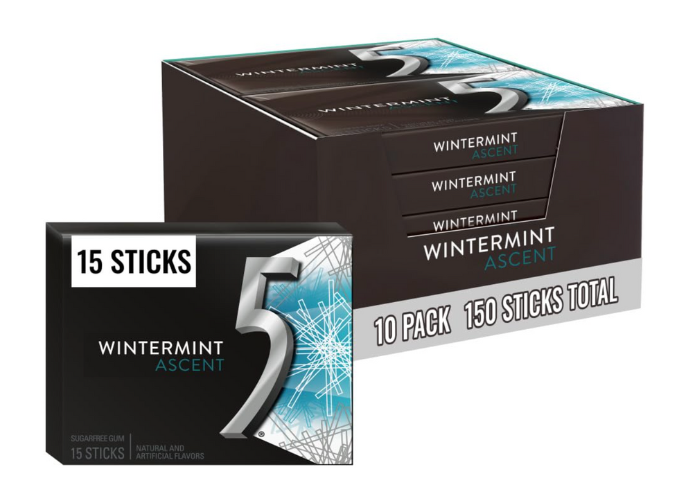Wrigley’s 5 Gum 150ct Wintermint Ascent Sugarfree Chewing Gum – 10 Packs (15 Sticks Each)