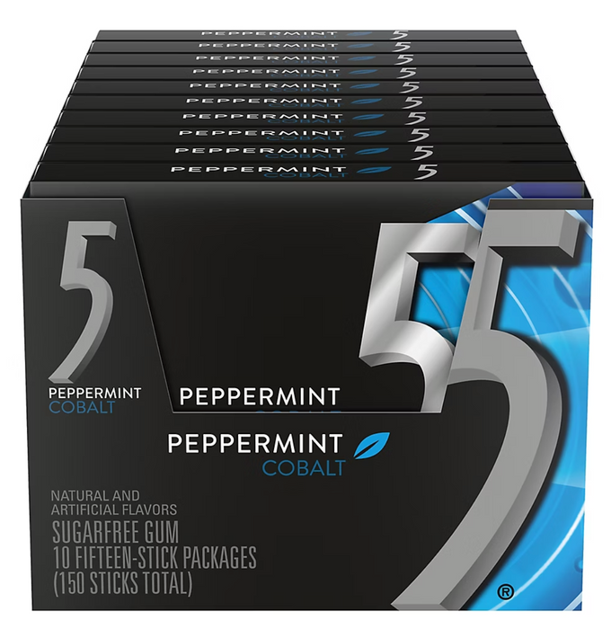 Wrigley’s 5 Gum 150ct Peppermint Cobalt Sugarfree Chewing Gum – 10 Packs (15 Sticks Each)
