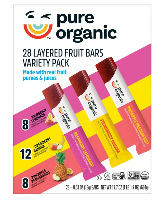 Pure 28ct Organic Layered Fruit Bars, Variety Pack, 0.63 oz,