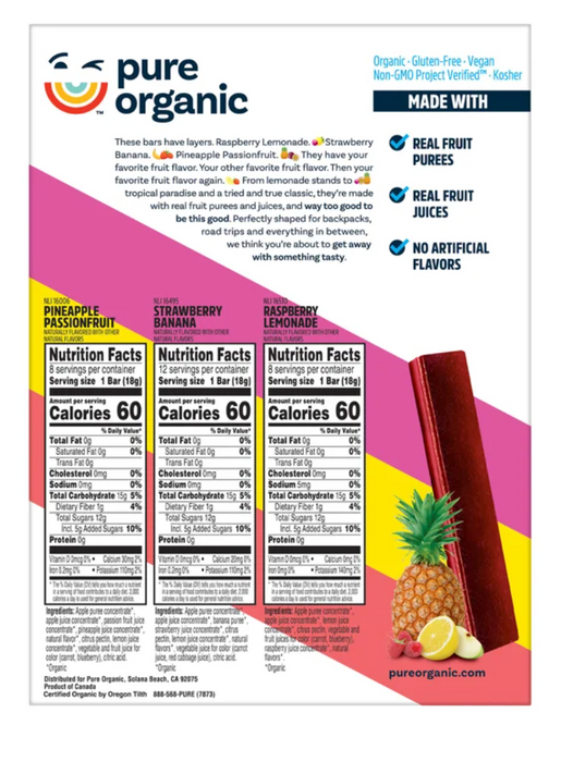 Pure 28ct Organic Layered Fruit Bars, Variety Pack, 0.63 oz,