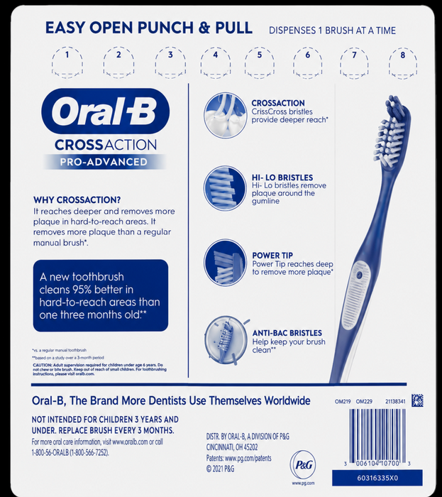 Oral-B  8ct Cross Action Pro Advanced Toothbrush, Medium Bristle