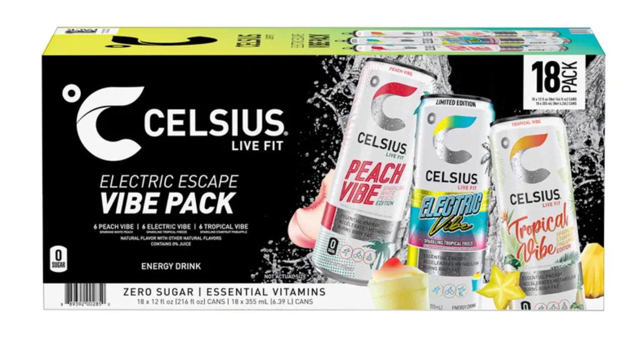 CELSIUS 18 cans (12 fl oz) Live Fit Electric Escape Vibe Pack Energy Drink, Zero Sugar
