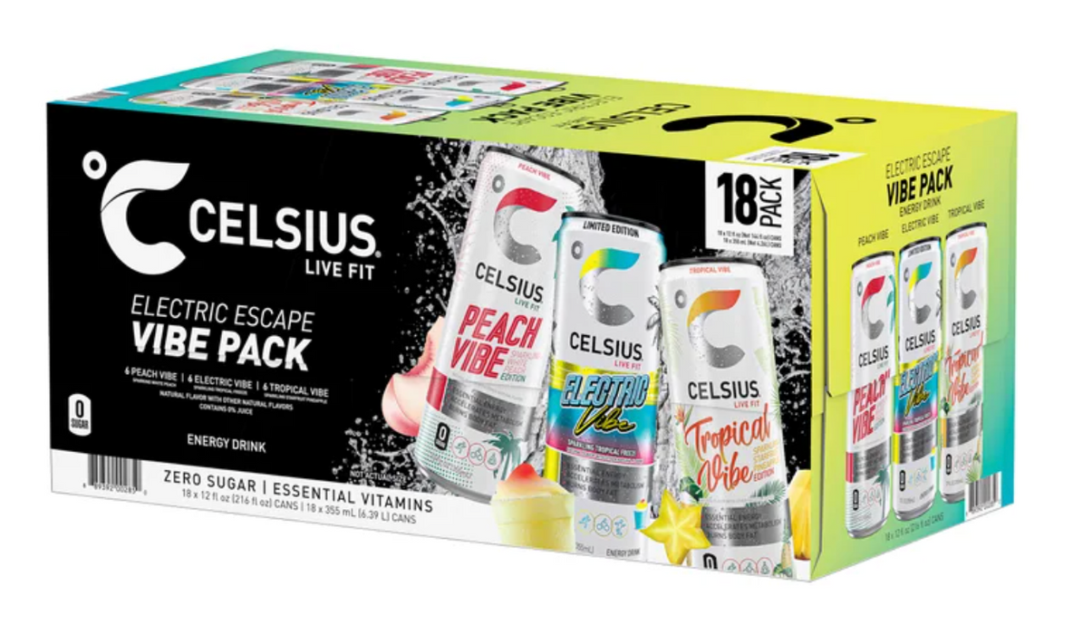 CELSIUS 18 cans (12 fl oz) Live Fit Electric Escape Vibe Pack Energy Drink, Zero Sugar