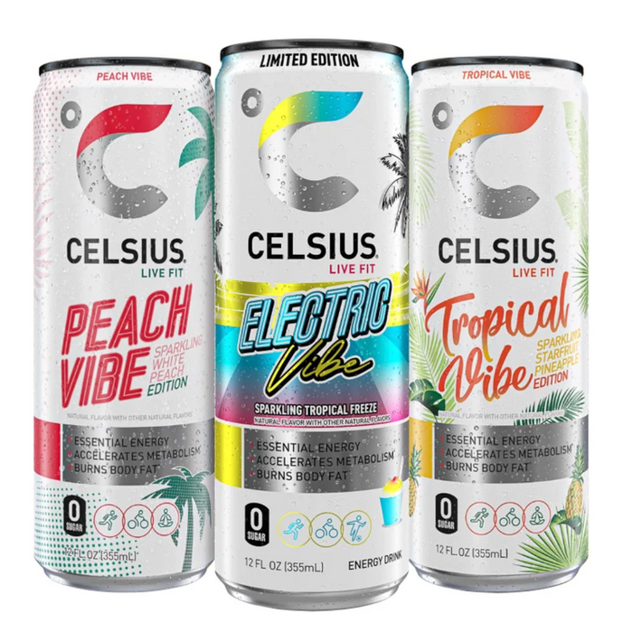 CELSIUS 18 cans (12 fl oz) Live Fit Electric Escape Vibe Pack Energy Drink, Zero Sugar
