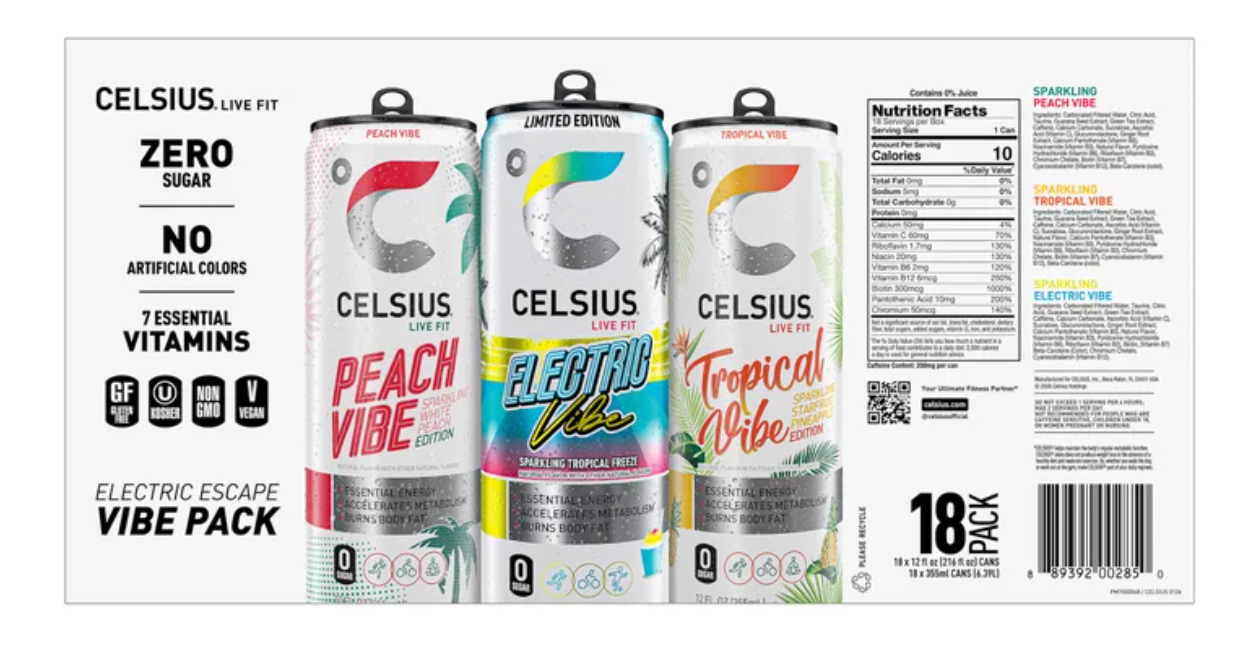 CELSIUS 18 cans (12 fl oz) Live Fit Electric Escape Vibe Pack Energy Drink, Zero Sugar