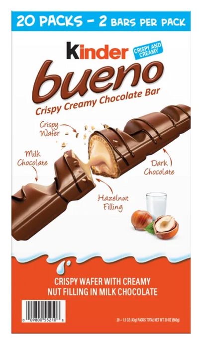 Kinder Bueno Crispy Creamy Chocolate Bars, 20 Packs (2 Bars per Pack), 1.9 lb