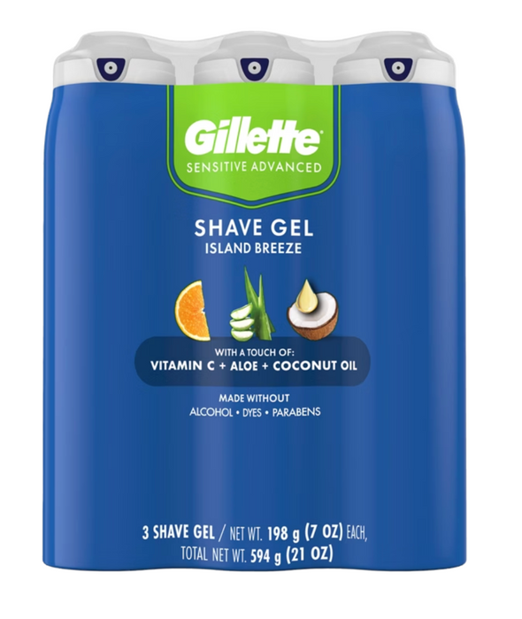 Gillette Sensitive Advanced Shave Gel, Island Breeze, 7 oz, 3 ct