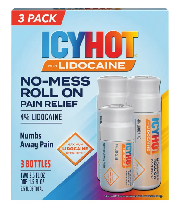 Icy Hot Lidocaine Roll-On, 3-pack, 6.5 fl oz Total