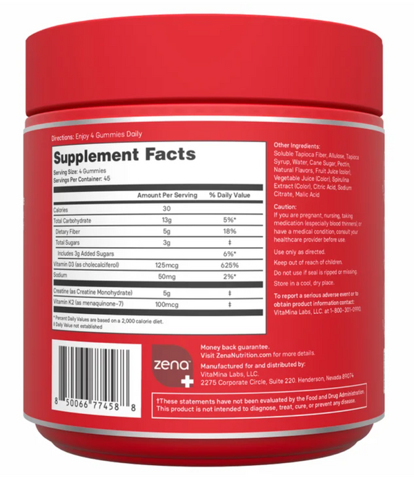 Zena Creatine Monohydrate + D3/K2 Gummies, 180 Count