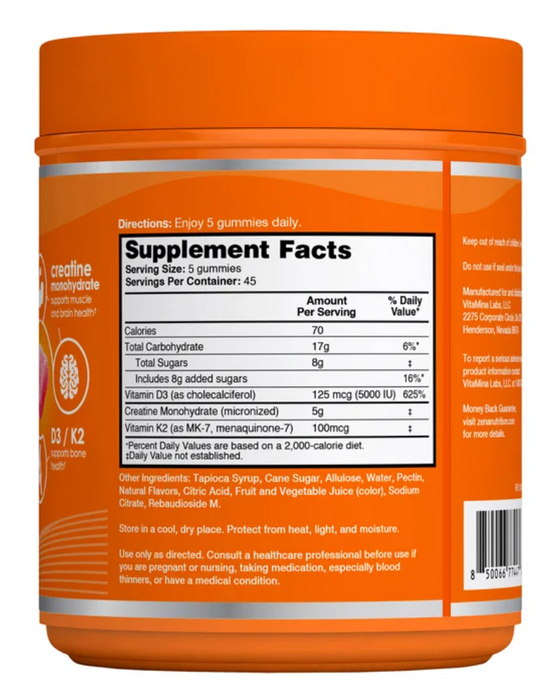 Zena Creatine Monohydrate + D3/K2 Watermelon Gummies, 225 Count