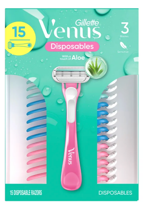 Gillette Venus Disposable Razors for Women, Sensitive Skin with Aloe, 3-Blade Razors, 15 Count