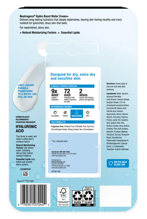 Neutrogena Hydro Boost Hyaluronic Acid Water Cream+ (2 Pack), 1.7 oz Each