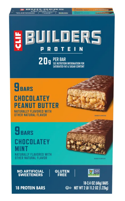 CLIF Builders Protein Bars Variety Pack, Chocolatey Peanut Butter & Chocolatey Mint, 18 Bars, 20g Protein Each