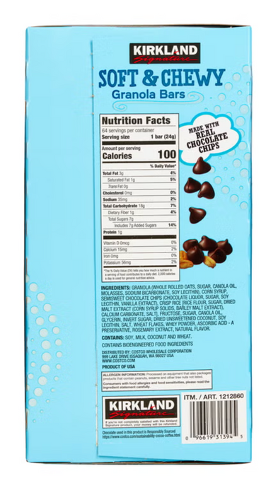 Kirkland Signature 64 Count Soft & Chewy Chocolate Chip Granola Bars, 54.4 oz