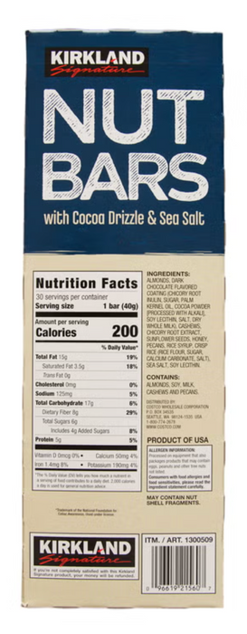 Kirkland Signature 30 Count Nut Bars with Cocoa Drizzle & Sea Salt, 42.3 oz