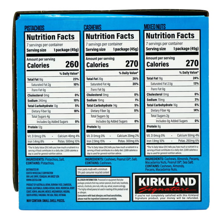 Kirkland Signature 21 Pack Variety Snacking Nuts, Pistachios, Cashews & Mixed Nuts, 33.6 oz