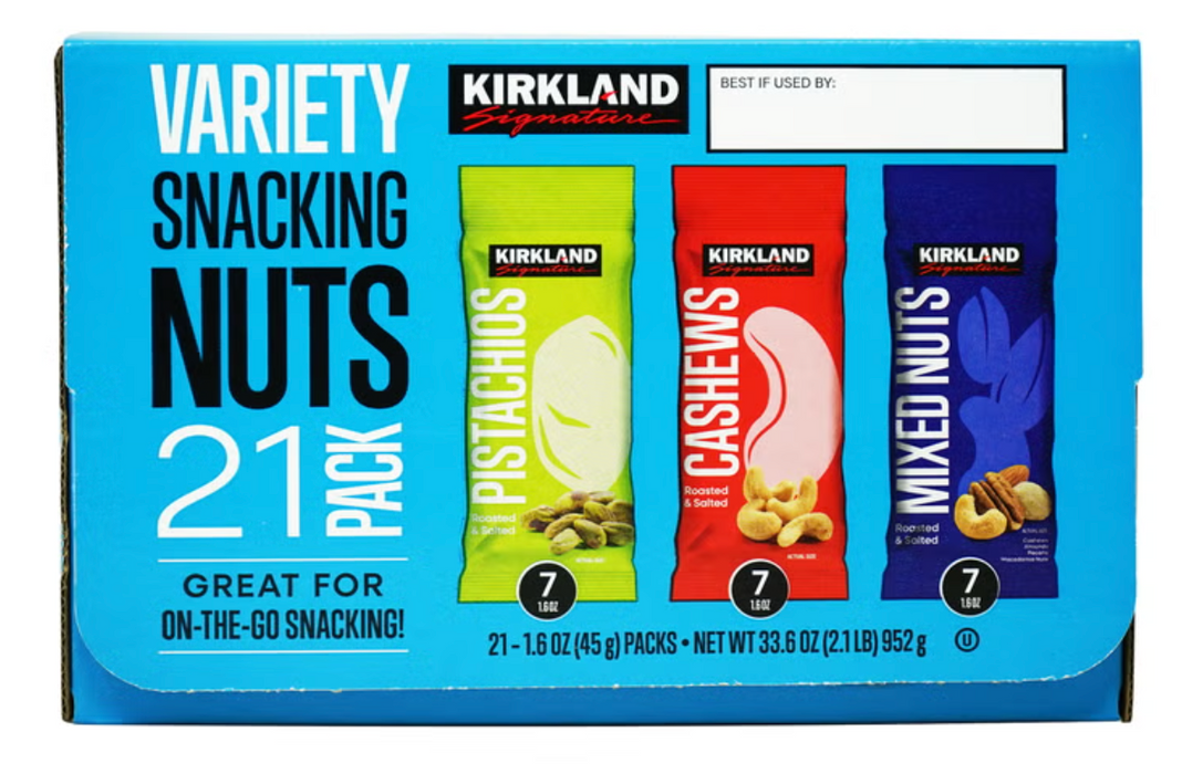 Kirkland Signature 21 Pack Variety Snacking Nuts, Pistachios, Cashews & Mixed Nuts, 33.6 oz