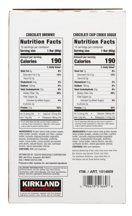 Kirkland Signature 20 Count Protein Bar Variety Pack, Chocolate Brownie & Chocolate Chip Cookie Dough
