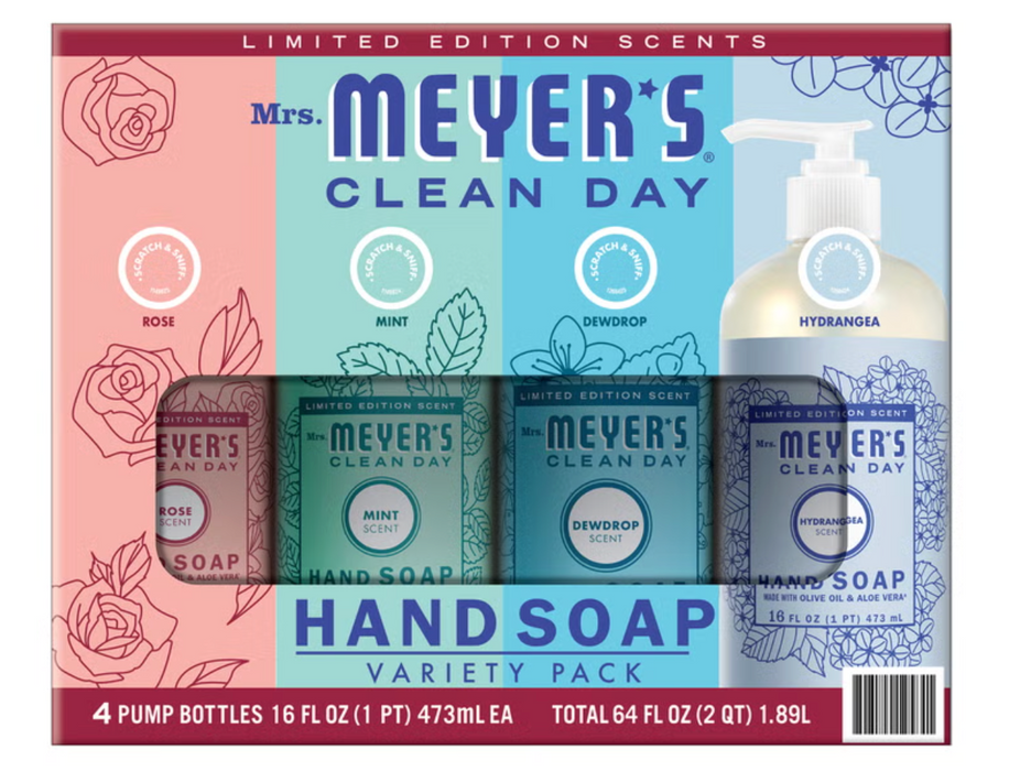 Mrs. Meyer's Clean Day 4 Pack Hand Soap Variety Pack, Rose, Mint, Dewdrop & Hydrangea, 16 fl oz Each
