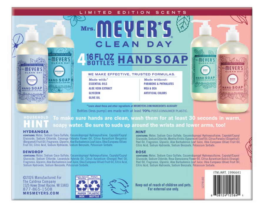Mrs. Meyer's Clean Day 4 Pack Hand Soap Variety Pack, Rose, Mint, Dewdrop & Hydrangea, 16 fl oz Each