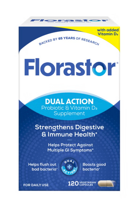 Florastor 120 Count Dual Action Probiotic & Vitamin D3 Supplement, Vegetarian Capsules