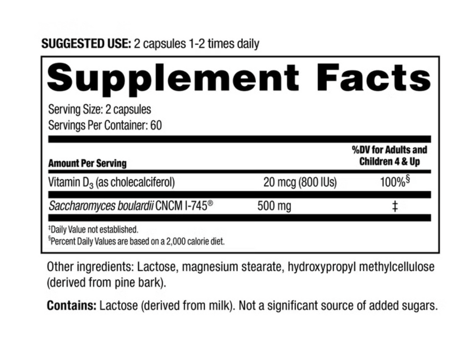 Florastor 120 Count Dual Action Probiotic & Vitamin D3 Supplement, Vegetarian Capsules
