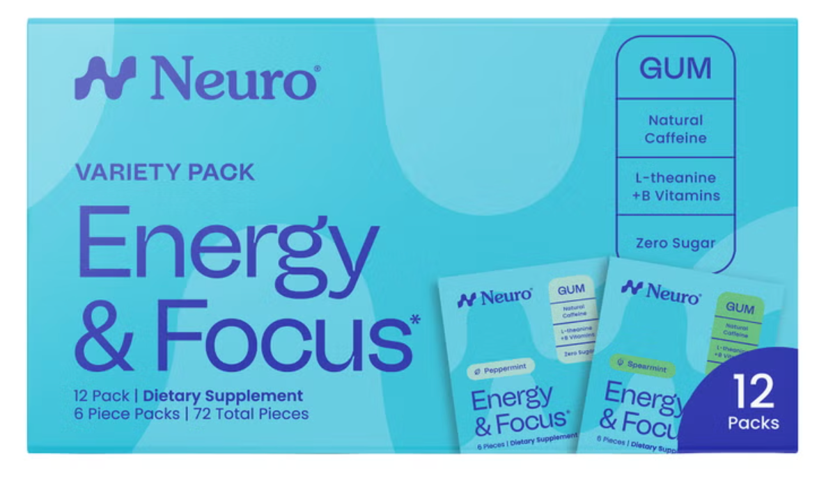 Neuro 12 Pack Energy & Focus Gum Variety Pack, Peppermint & Spearmint, 72 Pieces