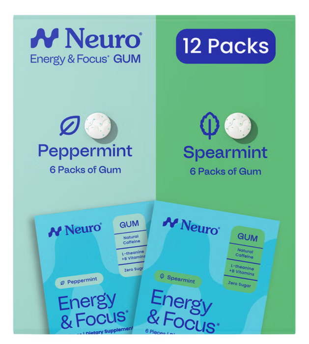 Neuro 12 Pack Energy & Focus Gum Variety Pack, Peppermint & Spearmint, 72 Pieces