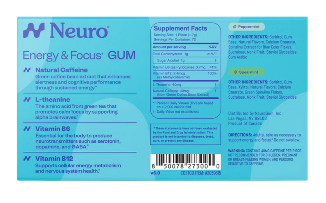 Neuro 12 Pack Energy & Focus Gum Variety Pack, Peppermint & Spearmint, 72 Pieces