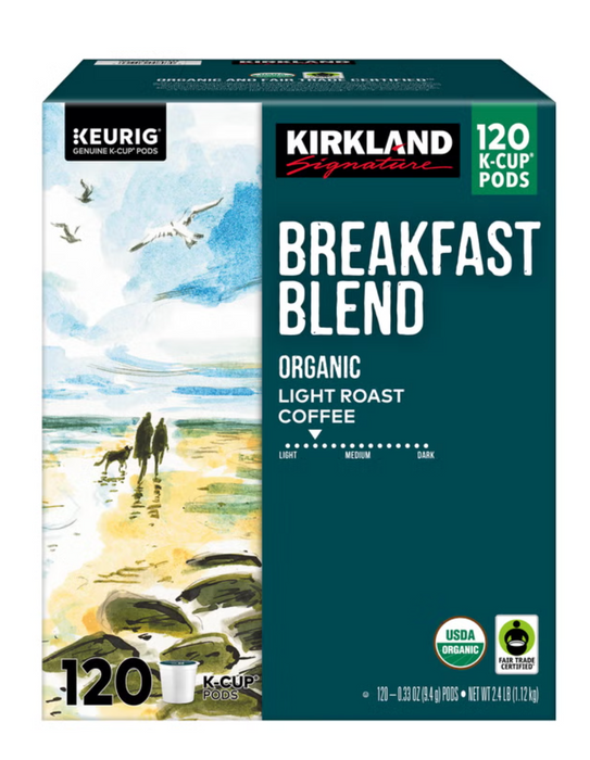 Kirkland Signature 120 Count Breakfast Blend Organic Light Roast Coffee K-Cup Pods (4.2 lb)