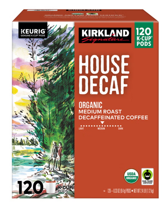 Kirkland Signature 120 Count House Decaf Organic Medium Roast Decaffeinated Coffee K-Cup Pods,