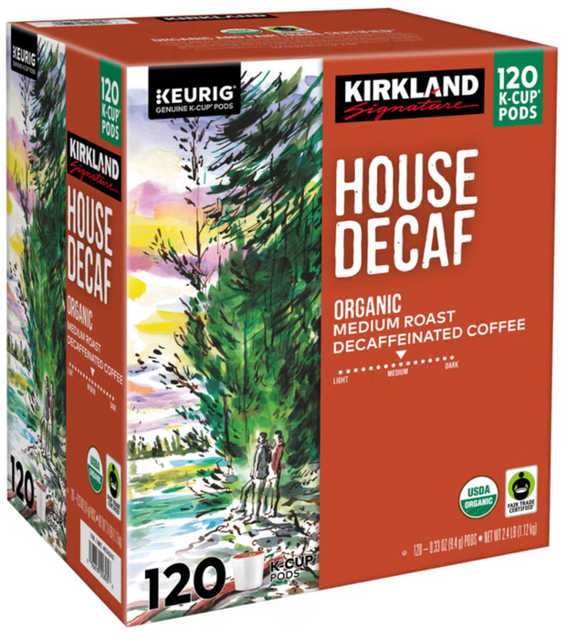 Kirkland Signature 120 Count House Decaf Organic Medium Roast Decaffeinated Coffee K-Cup Pods,