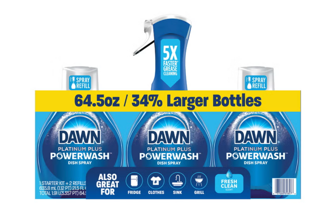 Dawn 3 Pack Platinum Plus Powerwash Dish Spray Starter Kit + 2 Refills, 64.5 fl oz Total