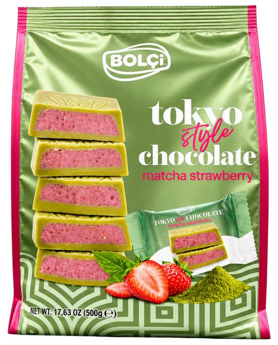Bolçi Tokyo Style Chocolate Matcha Strawberry Cream Filled White Chocolate, 17.63 oz (500g); BB:02/28