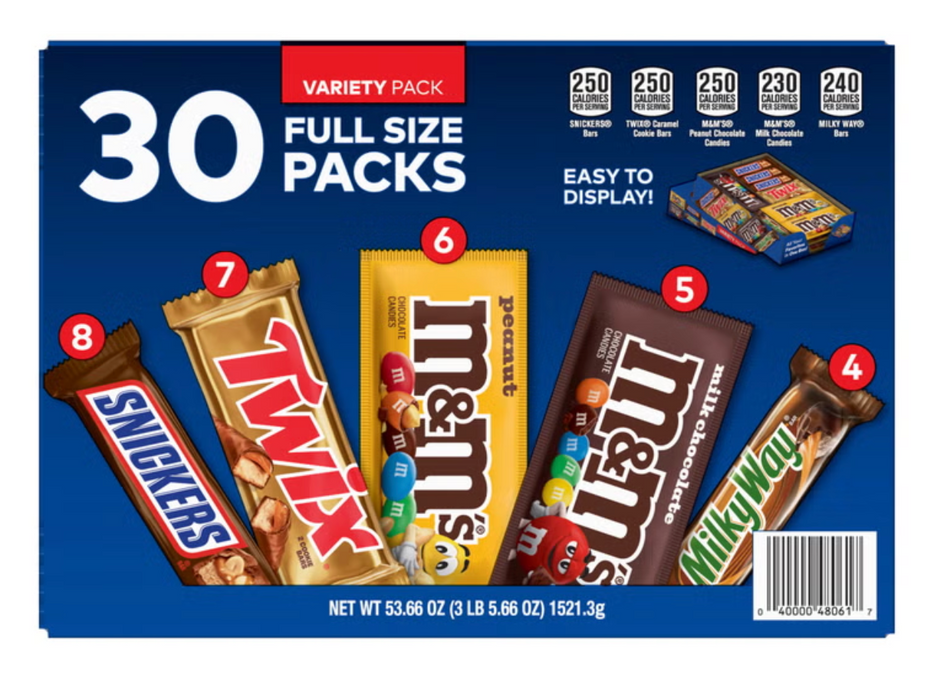 30 Count Full Size Candy Variety Pack – SNICKERS, M&M’S, TWIX & MILKY WAY, 53.66 oz