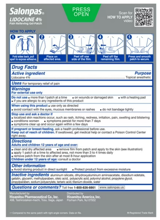 Salonpas OTC  15ct Relief Patches LIDOCAINE 4%