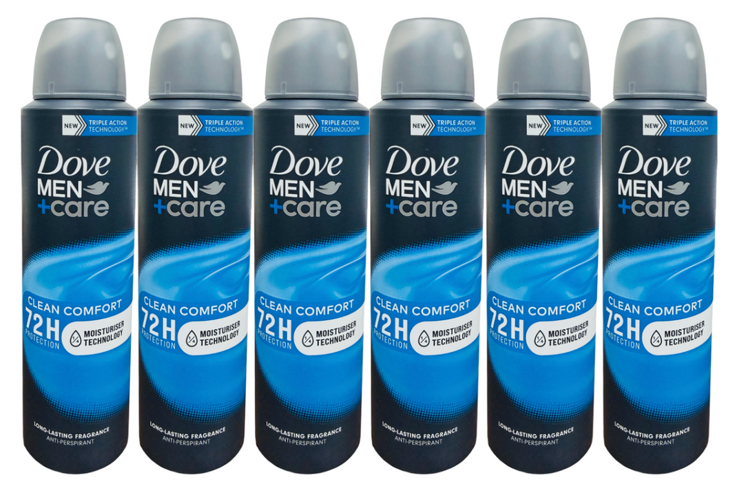 Dove Men+Care Clean Comfort (6 Pack) – 48H Protection + Comfort Anti-Perspirant Deodorant Spray, 150ml Each