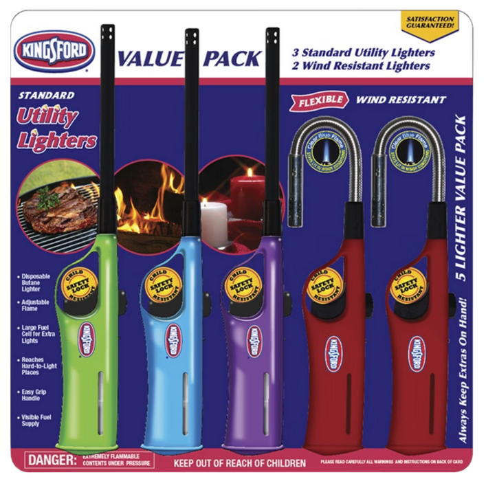 Kingsford Refillable Utility Lighters Value Pack (5 Pack) - 3 Standard & 2 Wind Resistant Flexible Lighters