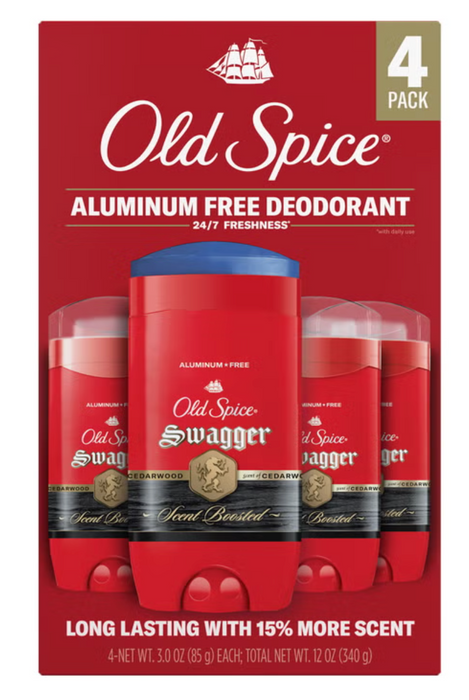Old Spice 4 Pack Swagger Aluminum Free Deodorant, Cedarwood Scent, 3 oz Each (12 oz Total)