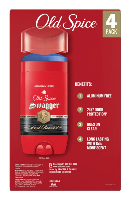 Old Spice 4 Pack Swagger Aluminum Free Deodorant, Cedarwood Scent, 3 oz Each (12 oz Total)