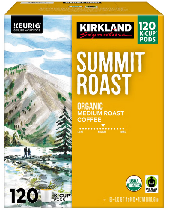 Kirkland Signature 120 Count Summit Roast Organic Medium Roast Coffee K-Cup Pods, 3 lb