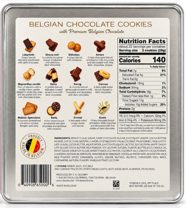 Desobry Assorted Belgian Chocolate Cookies Tin, 22.9 oz