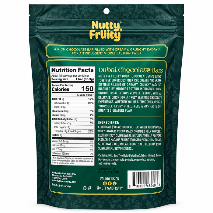Nutty & Fruity Dubai Chocolate Bars, Individually Wrapped, 16 oz; BB:08/27
