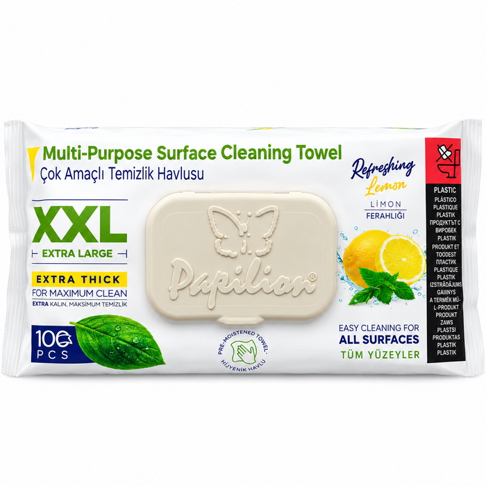 Papilion XXL Multi-Purpose Surface Cleaning Wipes, Lemon Scent, 100 Count (Pack of 3), 300 Wipes Total