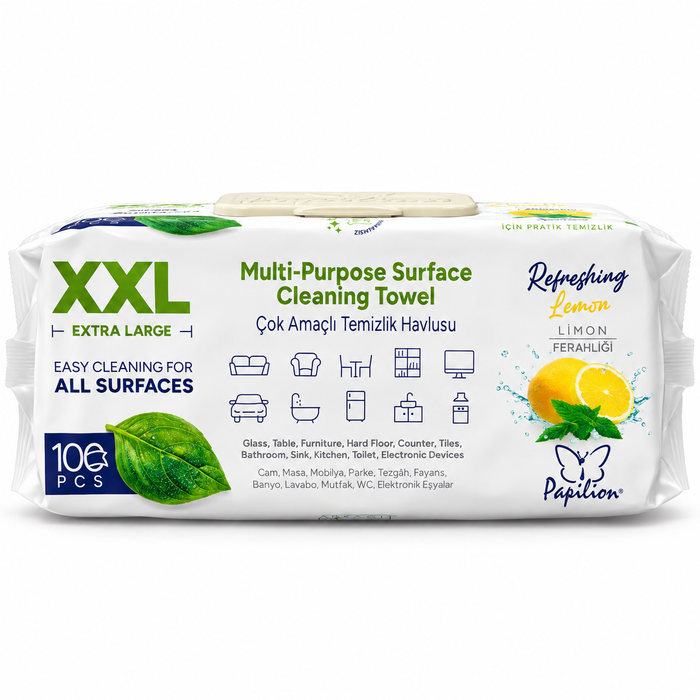 Papilion XXL Multi-Purpose Surface Cleaning Wipes, Lemon Scent, 100 Count (Pack of 3), 300 Wipes Total