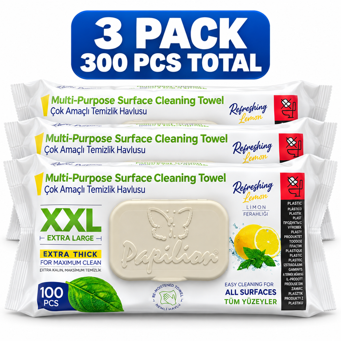 Papilion XXL Multi-Purpose Surface Cleaning Wipes, Lemon Scent, 100 Count (Pack of 3), 300 Wipes Total